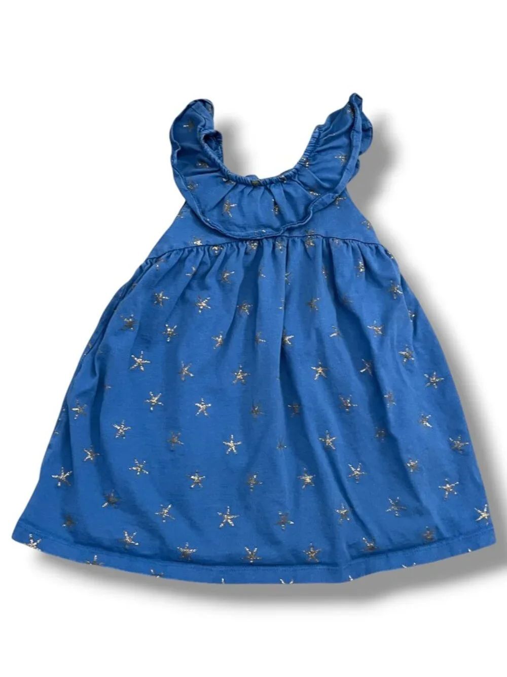 Tea Collection Sleeveless Blue Dress with Gold Starfish and Ruffle Neck 18-24M
